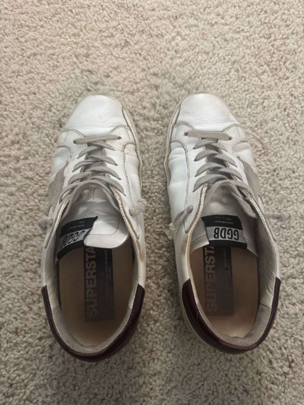 Golden Goose White Leather Sneakers with Burgundy Heel and Gray Star - Picture 2 of 3
